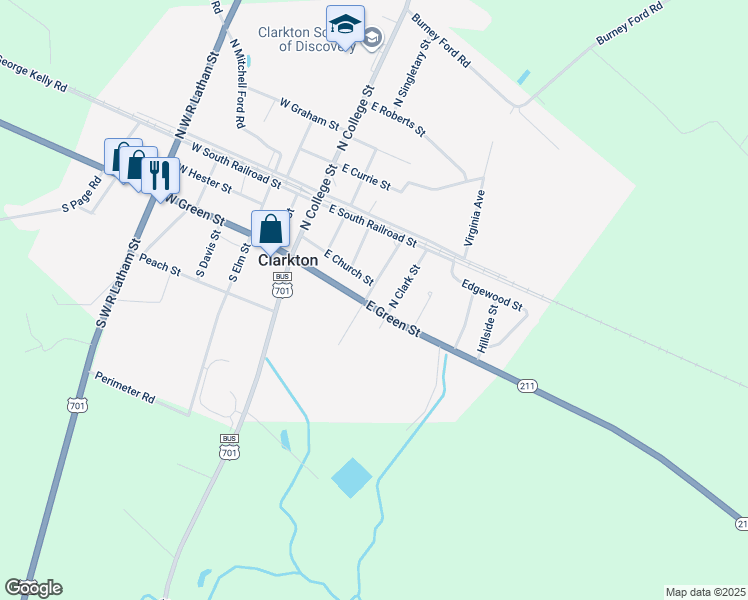 map of restaurants, bars, coffee shops, grocery stores, and more near 10 North Grove Street in Clarkton