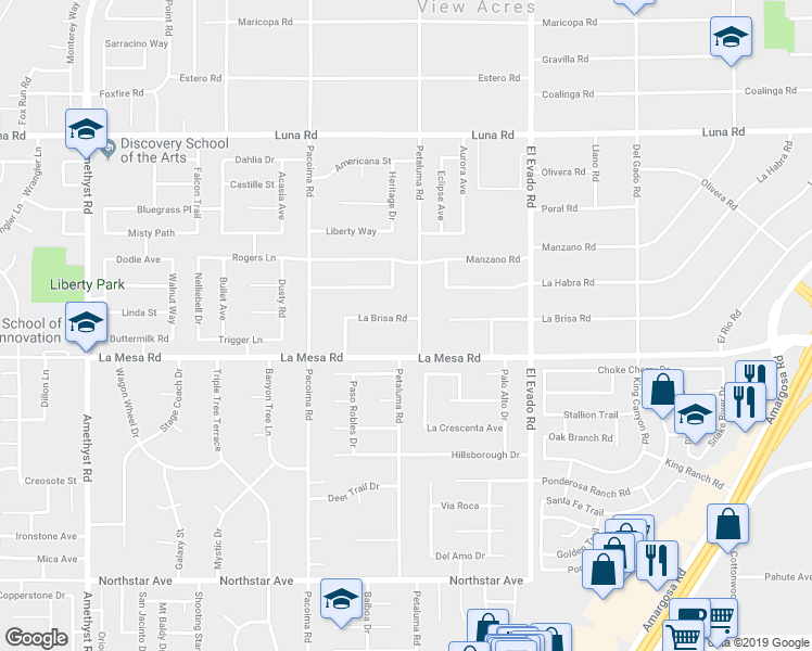 map of restaurants, bars, coffee shops, grocery stores, and more near 14277 La Brisa Road in Victorville