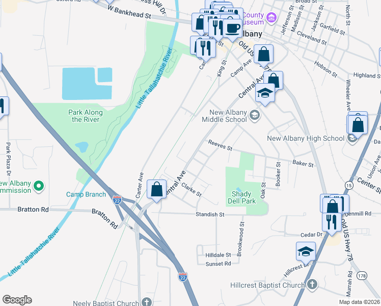 map of restaurants, bars, coffee shops, grocery stores, and more near 507-599 South Central Avenue in New Albany