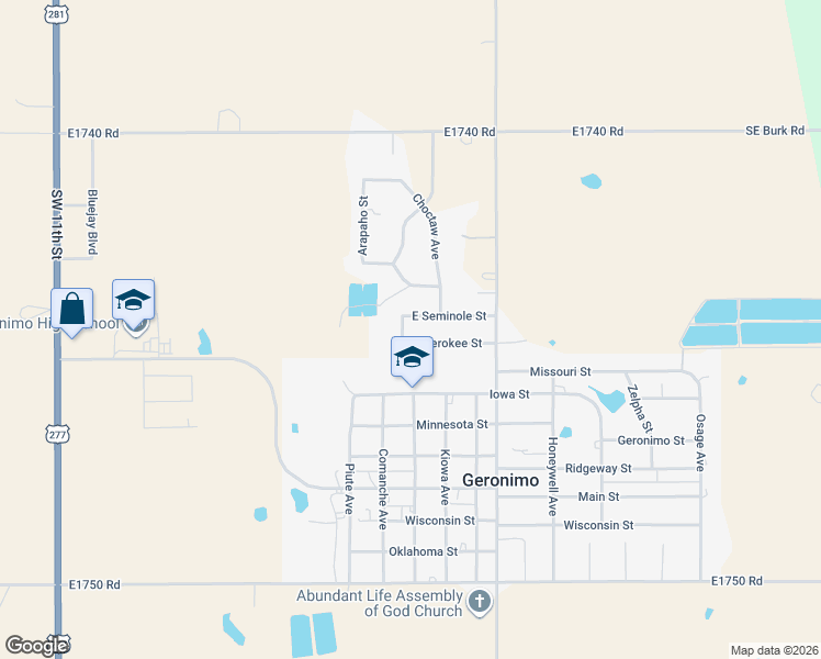 map of restaurants, bars, coffee shops, grocery stores, and more near 205 East Seminole Street in Geronimo