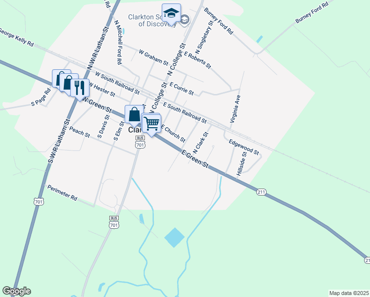 map of restaurants, bars, coffee shops, grocery stores, and more near 10 North Grove Street in Clarkton