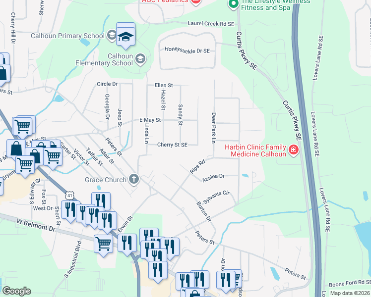 map of restaurants, bars, coffee shops, grocery stores, and more near 214 Cherry Street Southeast in Calhoun
