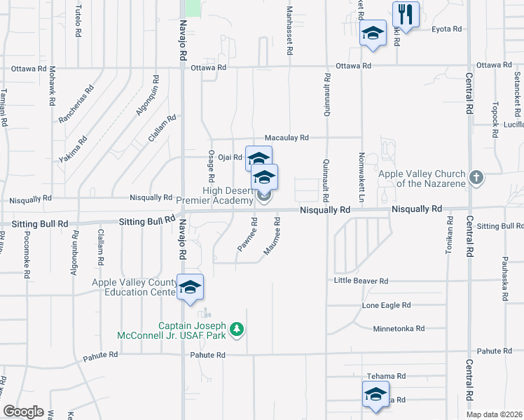 map of restaurants, bars, coffee shops, grocery stores, and more near Nisqually Road in Apple Valley