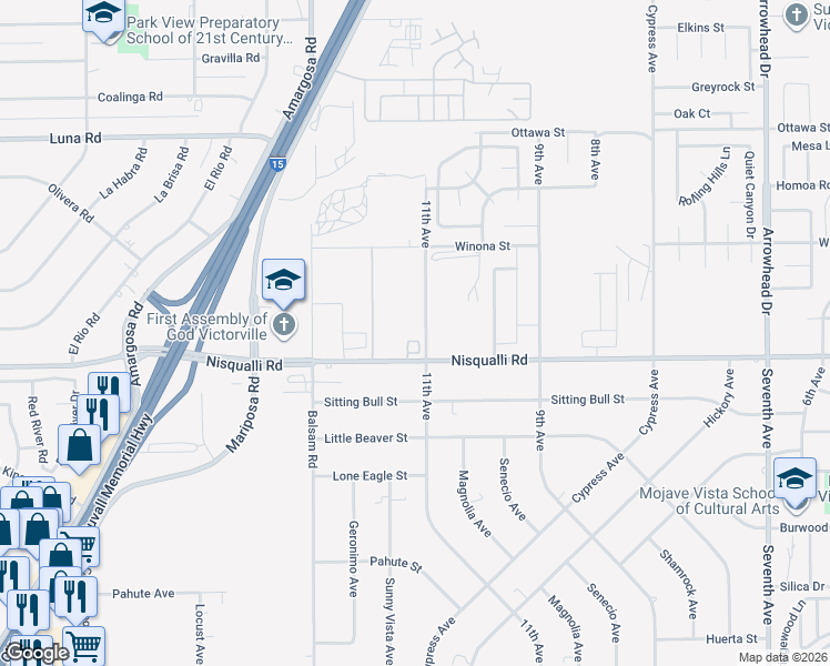 map of restaurants, bars, coffee shops, grocery stores, and more near 15450 Nisqualli Road in Victorville