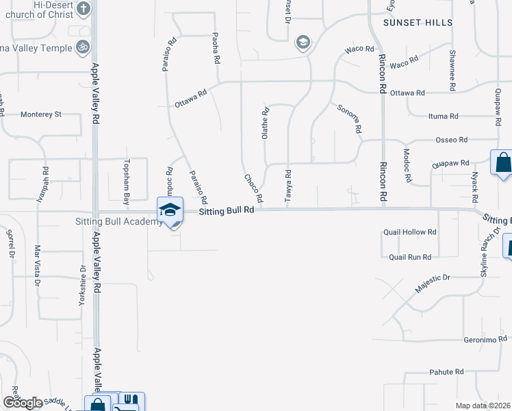 map of restaurants, bars, coffee shops, grocery stores, and more near 12940 Choco Road in Apple Valley