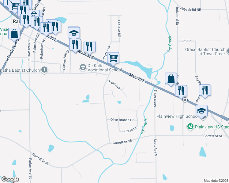 map of restaurants, bars, coffee shops, grocery stores, and more near 75 Pineview Drive in Rainsville