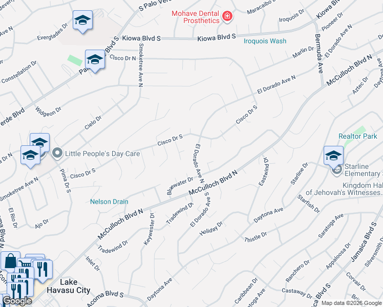 map of restaurants, bars, coffee shops, grocery stores, and more near 110 Laurentide Lane in Lake Havasu City