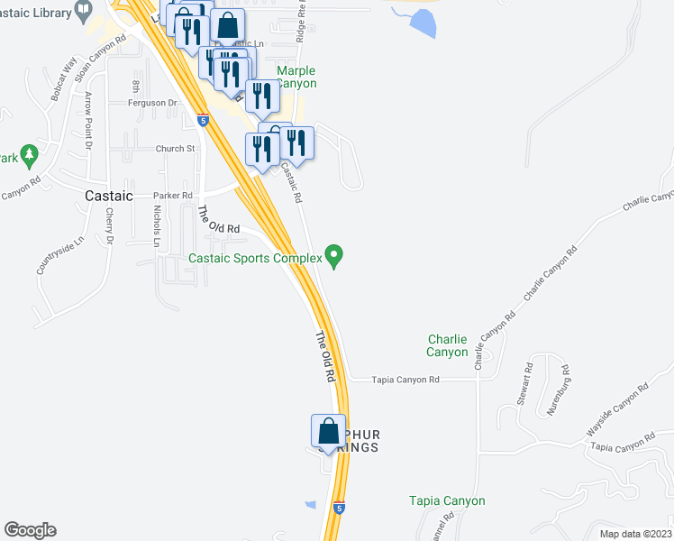 map of restaurants, bars, coffee shops, grocery stores, and more near 31230 Castaic Road in Castaic