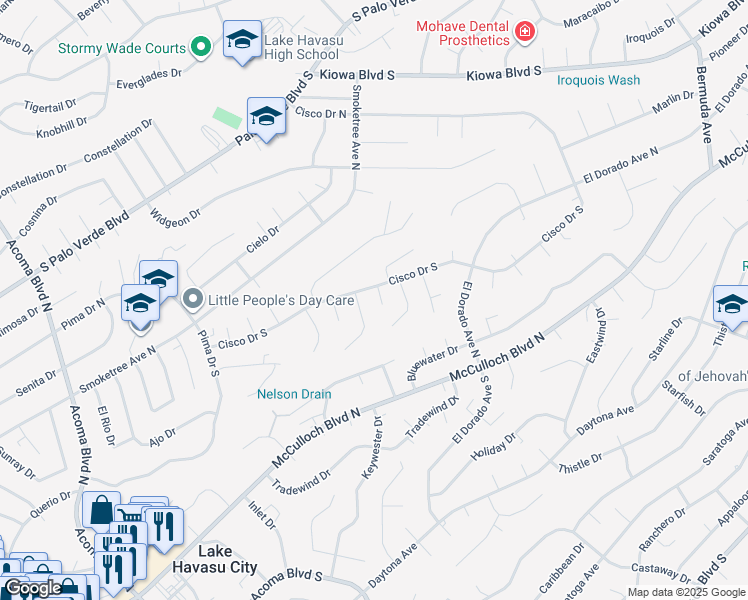 map of restaurants, bars, coffee shops, grocery stores, and more near 143 Monsoon Lane in Lake Havasu City