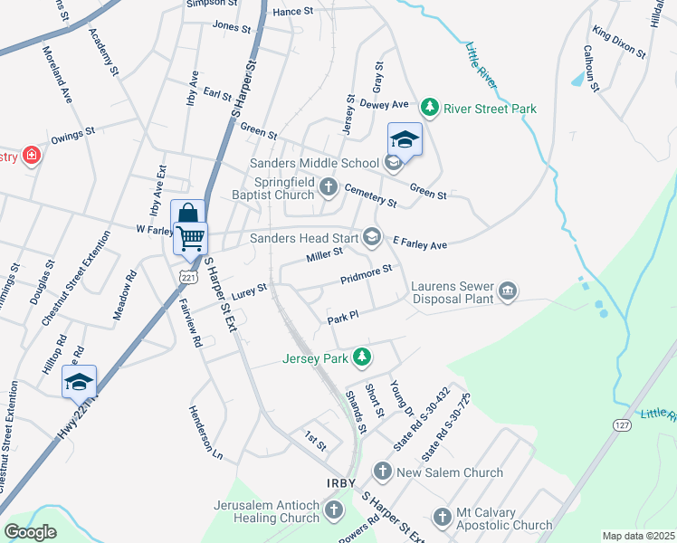 map of restaurants, bars, coffee shops, grocery stores, and more near 209 Pridmore Street in Laurens