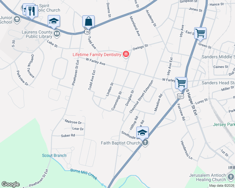 map of restaurants, bars, coffee shops, grocery stores, and more near 115 Cummings Street in Laurens