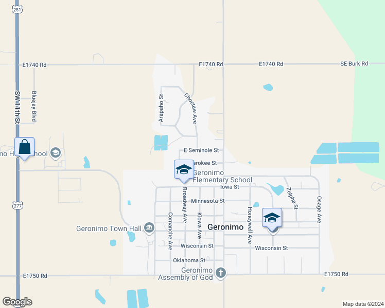 map of restaurants, bars, coffee shops, grocery stores, and more near 212 East Seminole Street in Geronimo