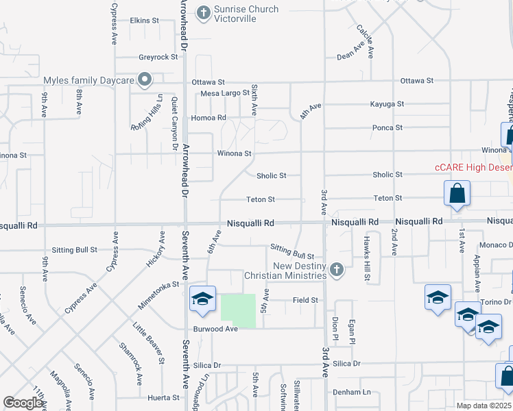 map of restaurants, bars, coffee shops, grocery stores, and more near 16305 Teton Street in Victorville