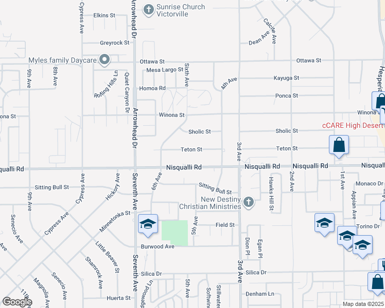 map of restaurants, bars, coffee shops, grocery stores, and more near 16319 Teton Street in Victorville