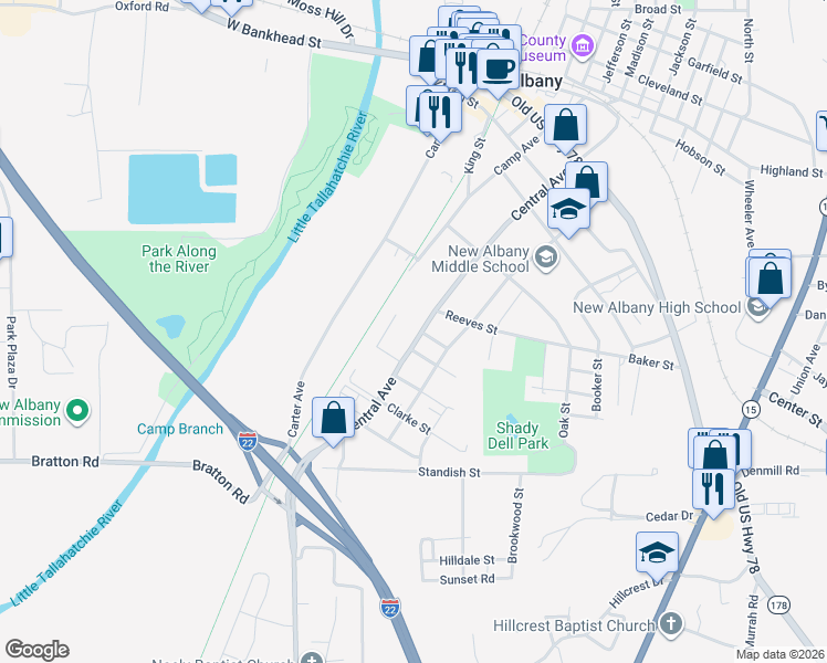map of restaurants, bars, coffee shops, grocery stores, and more near 507 South Central Avenue in New Albany