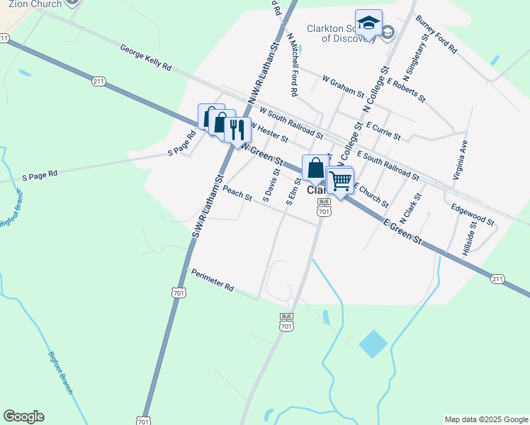map of restaurants, bars, coffee shops, grocery stores, and more near 193 Peach Street in Clarkton