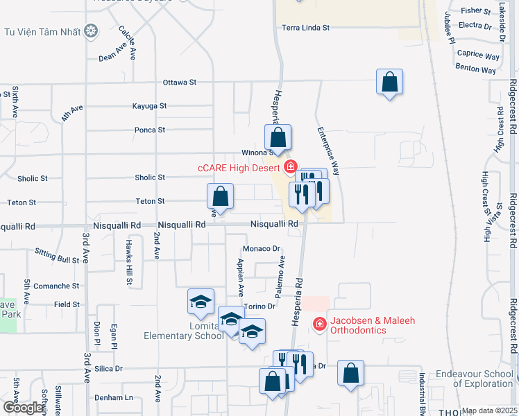 map of restaurants, bars, coffee shops, grocery stores, and more near 16980 Nisqualli Road in Victorville