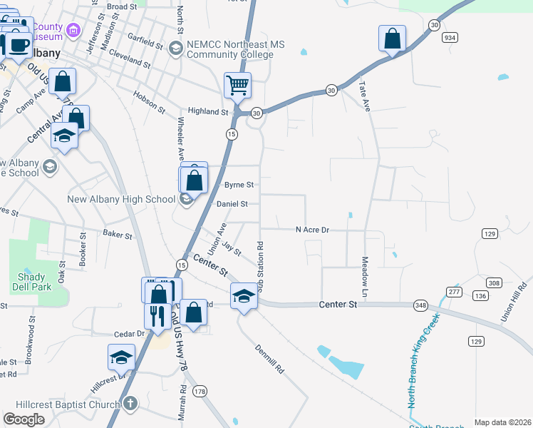 map of restaurants, bars, coffee shops, grocery stores, and more near 214 Sub Station Road in New Albany