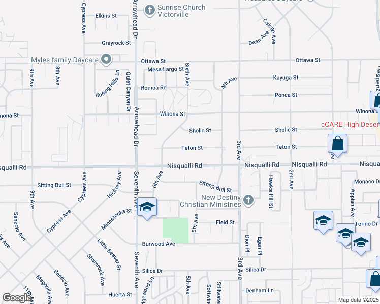 map of restaurants, bars, coffee shops, grocery stores, and more near 16305 Teton Street in Victorville