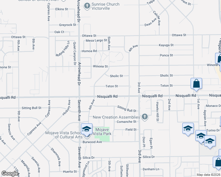 map of restaurants, bars, coffee shops, grocery stores, and more near 16335 Teton Street in Victorville