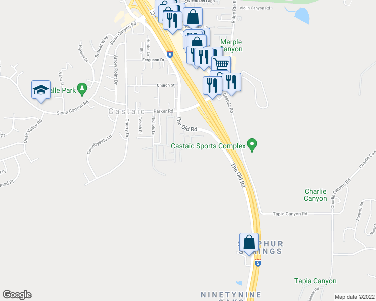 map of restaurants, bars, coffee shops, grocery stores, and more near 31319 The Old Road in Castaic