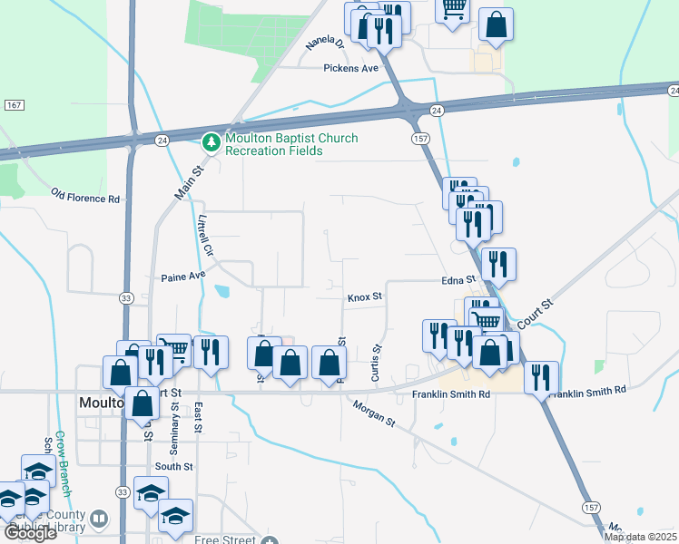 map of restaurants, bars, coffee shops, grocery stores, and more near 1111 Pickens Street in Moulton