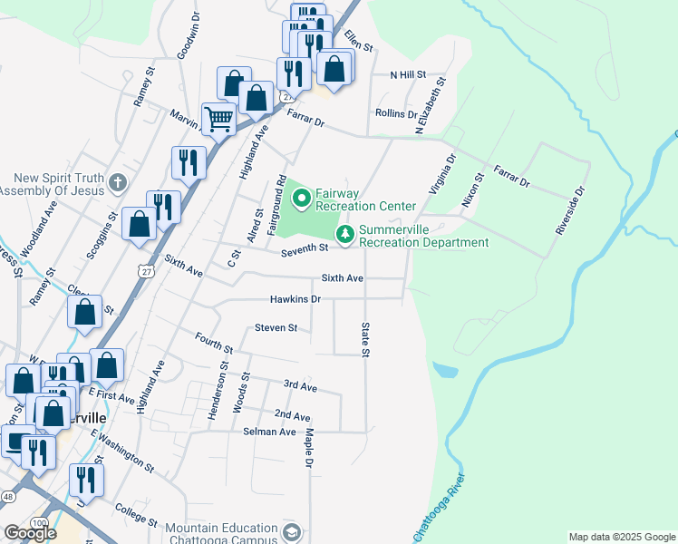 map of restaurants, bars, coffee shops, grocery stores, and more near 541 6th Avenue in Summerville