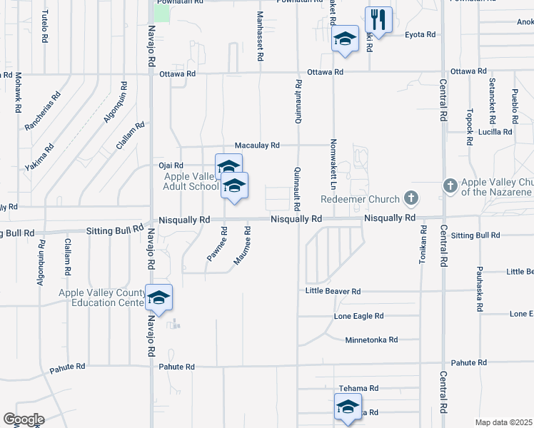 map of restaurants, bars, coffee shops, grocery stores, and more near 22020 Nisqually Road in Apple Valley