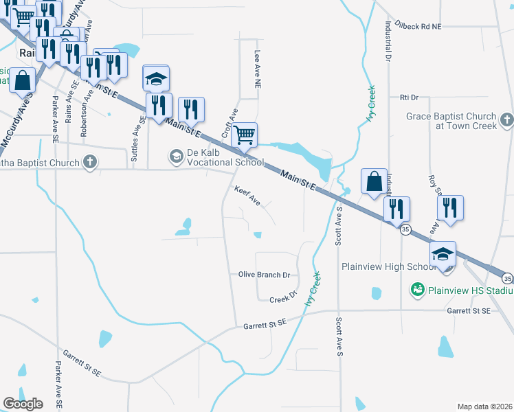 map of restaurants, bars, coffee shops, grocery stores, and more near 75 Pineview Drive in Rainsville