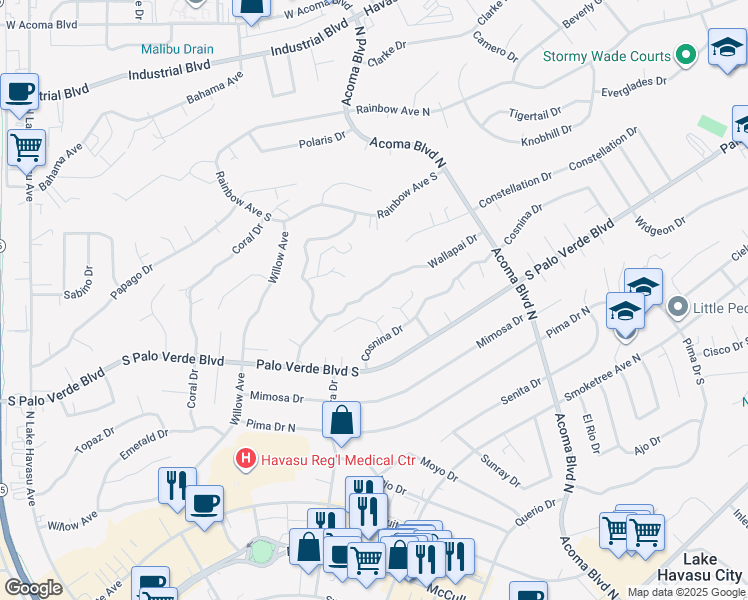 map of restaurants, bars, coffee shops, grocery stores, and more near 2060 Wallapai Drive in Lake Havasu City