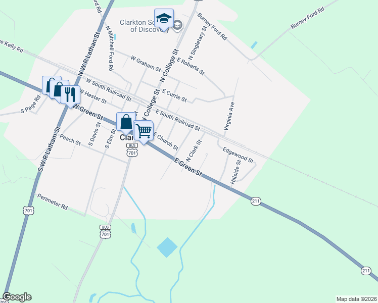 map of restaurants, bars, coffee shops, grocery stores, and more near 82 Clark Street in Clarkton