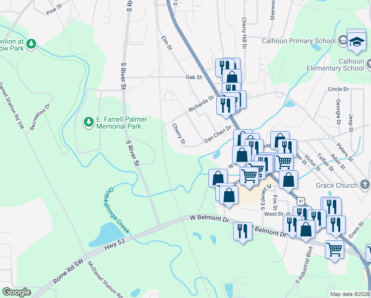 map of restaurants, bars, coffee shops, grocery stores, and more near 122 Dan Cheri Drive in Calhoun