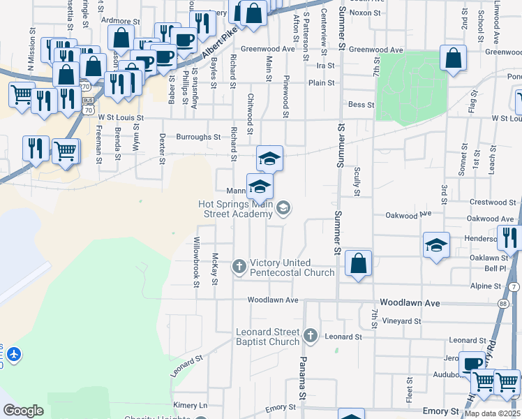 map of restaurants, bars, coffee shops, grocery stores, and more near 700 Main Street in Hot Springs