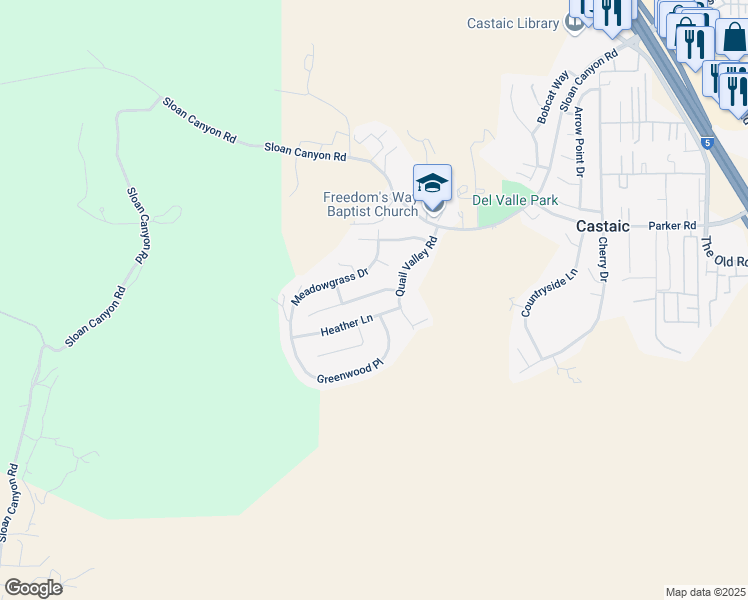 map of restaurants, bars, coffee shops, grocery stores, and more near 28532 Forest Meadow Place in Castaic