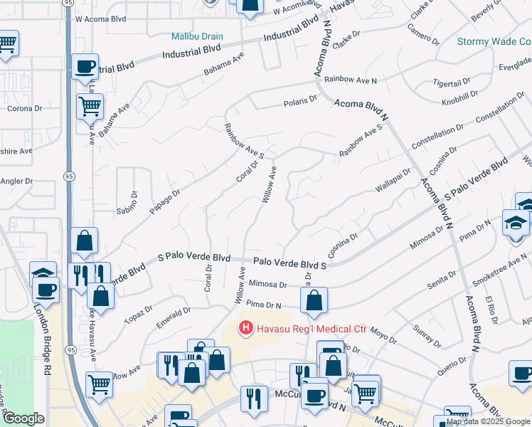 map of restaurants, bars, coffee shops, grocery stores, and more near 1896 Willow Avenue in Lake Havasu City