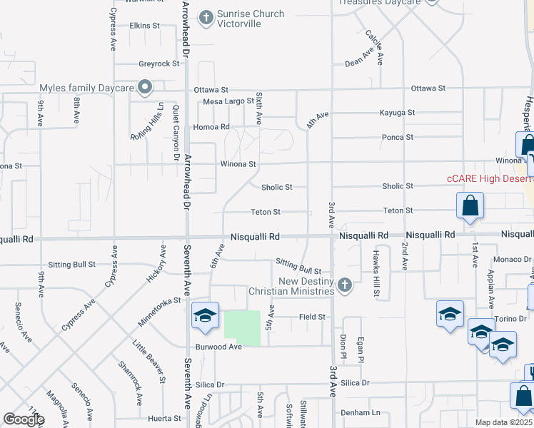 map of restaurants, bars, coffee shops, grocery stores, and more near 16319 Teton Street in Victorville