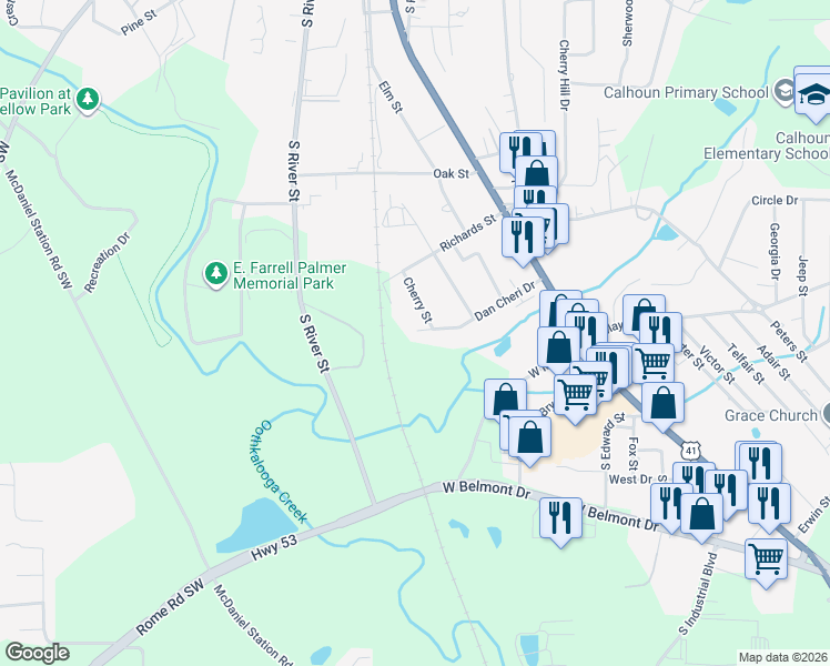 map of restaurants, bars, coffee shops, grocery stores, and more near 122 Dan Cheri Drive in Calhoun