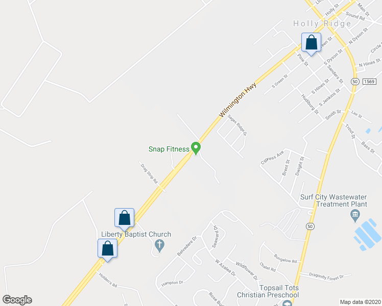 map of restaurants, bars, coffee shops, grocery stores, and more near 624 Ocean Highway in Holly Ridge