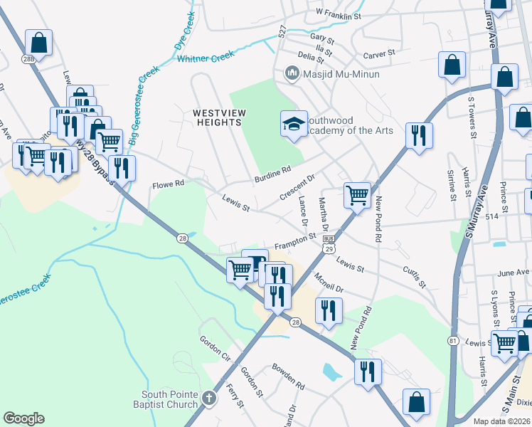 map of restaurants, bars, coffee shops, grocery stores, and more near 421 Lewis Street in Anderson