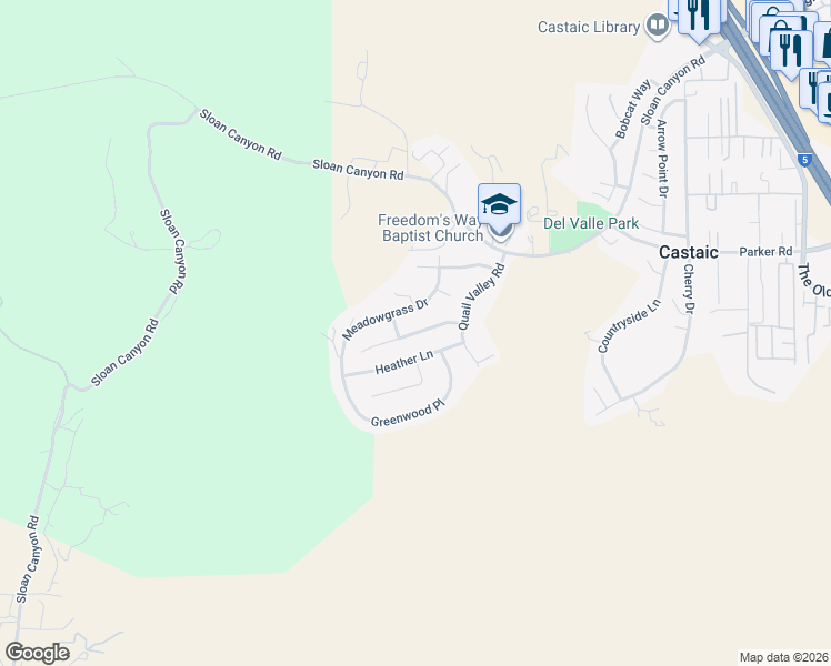 map of restaurants, bars, coffee shops, grocery stores, and more near Forest Meadow Place in Castaic