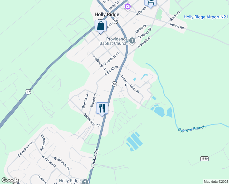 map of restaurants, bars, coffee shops, grocery stores, and more near 644 Ocean Road in Holly Ridge