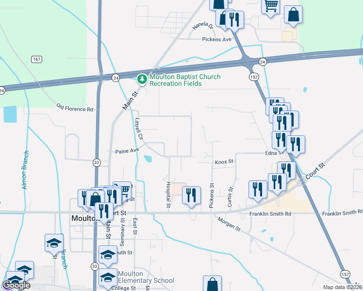 map of restaurants, bars, coffee shops, grocery stores, and more near 506 Andrew Court in Moulton