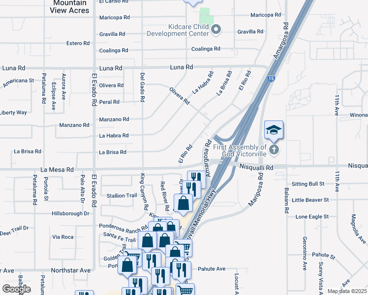 map of restaurants, bars, coffee shops, grocery stores, and more near 12974 El Rio Road in Victorville