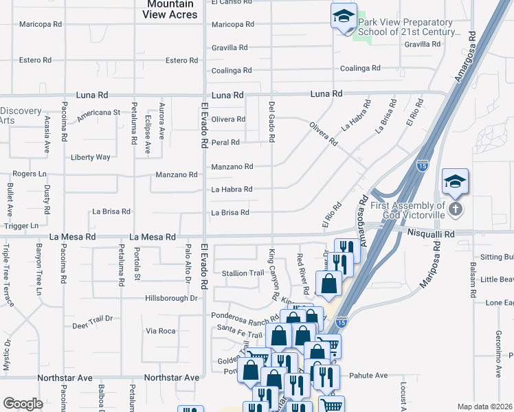 map of restaurants, bars, coffee shops, grocery stores, and more near 14660 La Brisa Road in Victorville