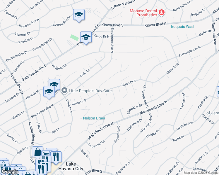 map of restaurants, bars, coffee shops, grocery stores, and more near 2651 Cisco Drive South in Lake Havasu City
