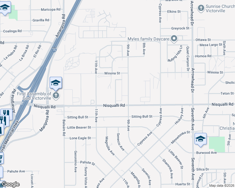 map of restaurants, bars, coffee shops, grocery stores, and more near 12977 Rocky Trail Way in Victorville