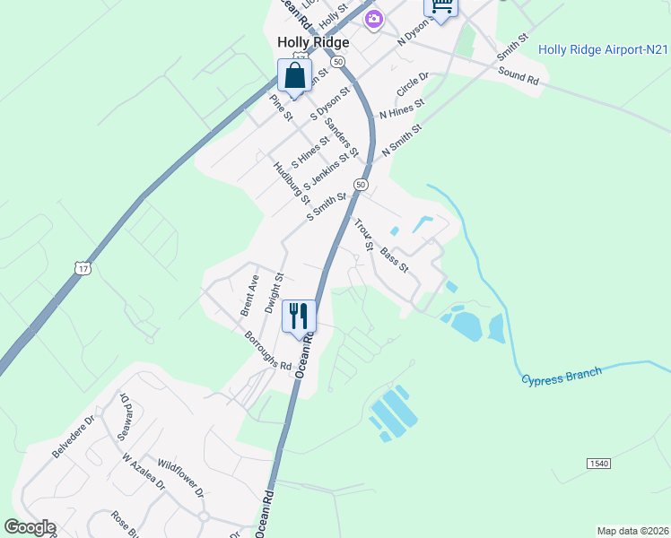 map of restaurants, bars, coffee shops, grocery stores, and more near 644 Ocean Road in Holly Ridge