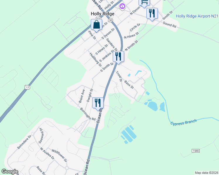 map of restaurants, bars, coffee shops, grocery stores, and more near 644 Ocean Road in Holly Ridge