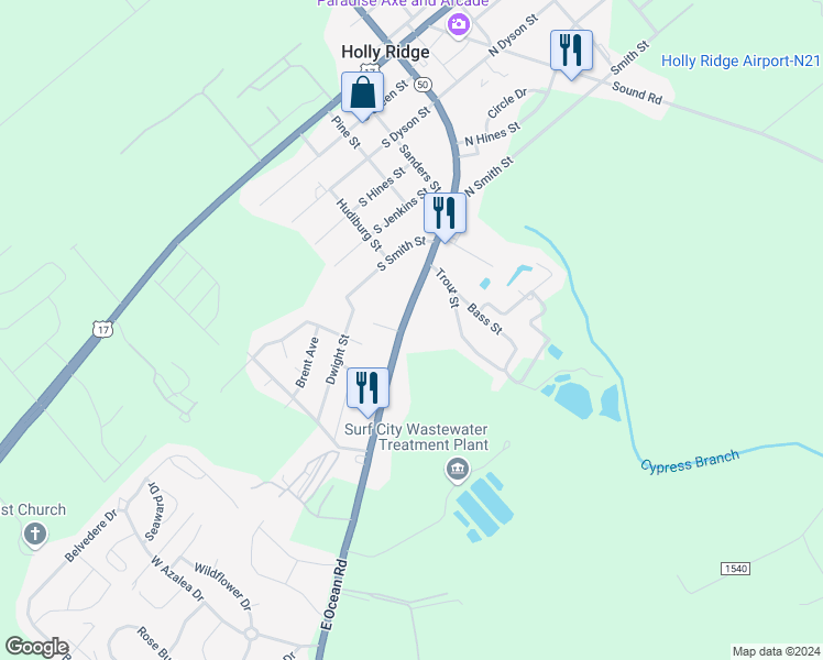 map of restaurants, bars, coffee shops, grocery stores, and more near 644 Ocean Road in Holly Ridge