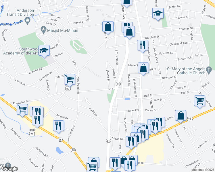 map of restaurants, bars, coffee shops, grocery stores, and more near 26 Sirrine Street in Anderson